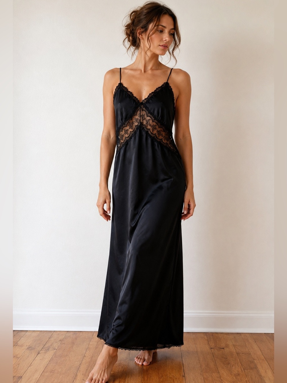 Vintage Amaretta Black Satin Lace Long Nightgown L Maxi Slip Dress USA